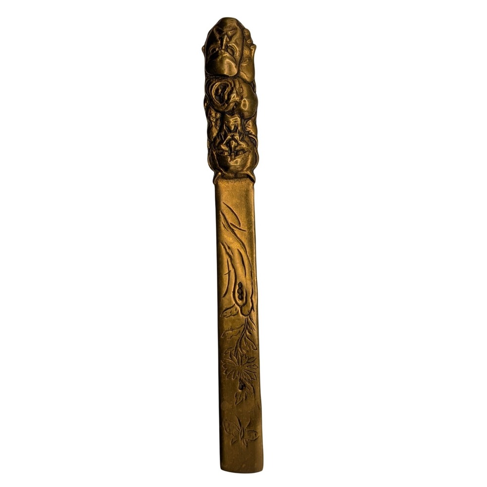 VTG Brass Letter Opener Page Turner Japanese Noh Hannya Masks Fish Etched Taiwan